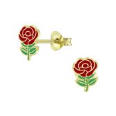 Joy|S - Zilveren roos oorbellen - rood roosje bloem oorknoppen - 6 x 8 mm - 14k goudplating