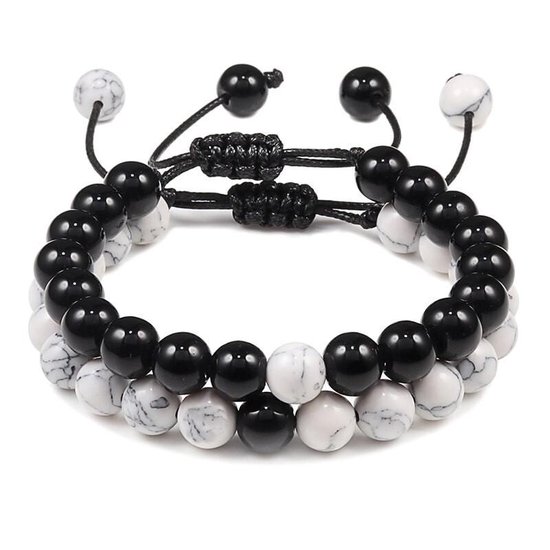 Fako Bijoux® - Dubbele Kralen Armband - 8mm - Natuursteen Armband Koord - Obsidiaan & Howliet