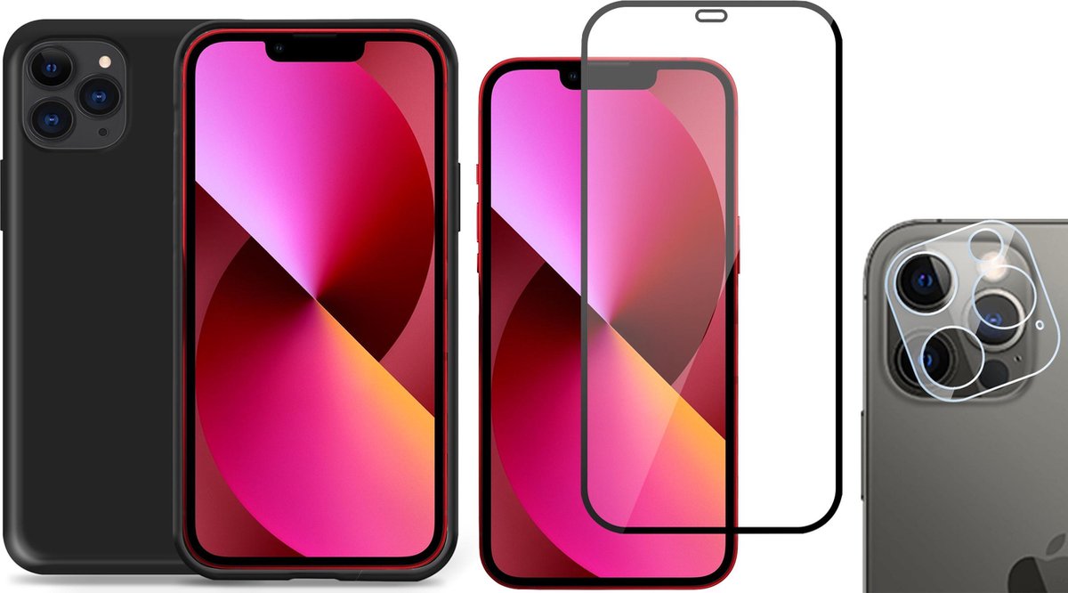 TechNow Shock Proof Backcover geschikt voor iPhone 12 Pro - Full Screenprotector en Camera Screen Protector - Zwart