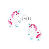 Joy|S - Zilveren pony eenhoorn oorbellen - roze wit unicorn oorknoppen - t21