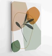 Canvas schilderij - Green and earth tone background foliage line art drawing with abstract shape and watercolor 1 -    – 1922511899 - 80*60 Vertical
