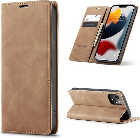 Étui portefeuille marron pour téléphone, avec le téléphone inséré et l'étui ouvert, gros plan du dos.