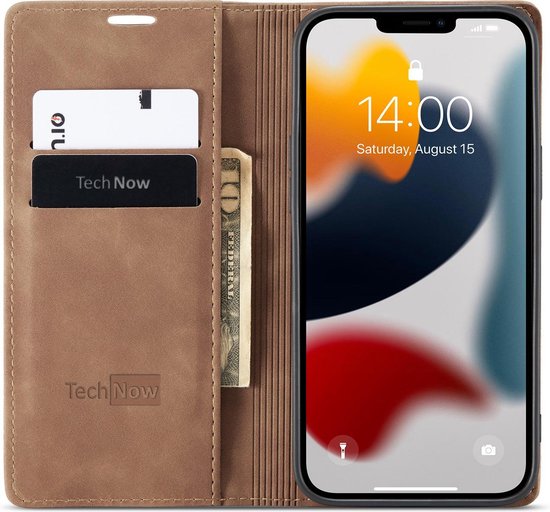 Étui portefeuille marron pour téléphone avec fentes pour cartes et billets, téléphone inséré.
