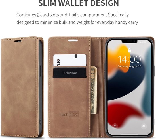 Étui portefeuille marron, fermé et ouvert avec téléphone, avec cartes et billets.