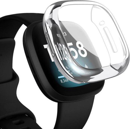 Transparante TPU beschermhoes voor een Fitbit Versa 3 horloge.