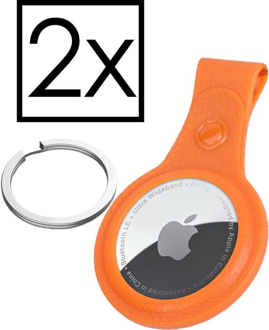 Hoesje Geschikt voor Apple AirTag Sleutelhanger Houder Leder Look Hoes - Sleutel Hanger Case Hoesje Geschikt voor Apple AirTag Hoesje - Oranje - 2x