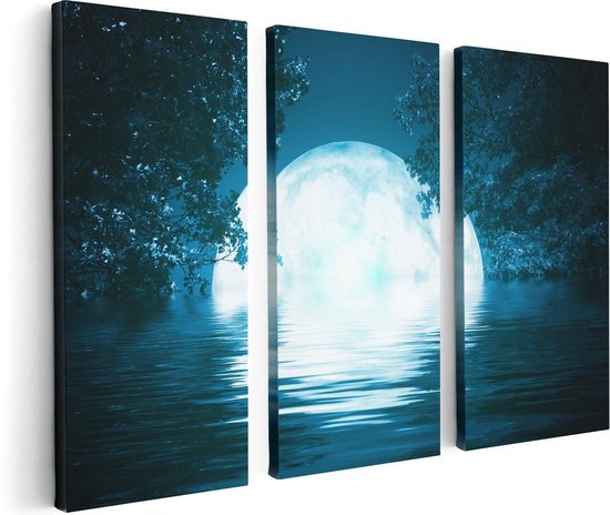 Artaza Canvas Schilderij Drieluik Volle Maan in het Water - 120x80 - Foto Op Canvas - Canvas Print