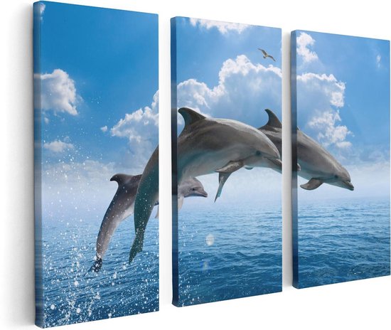 Artaza Canvas Schilderij Drieluik Dolfijnen Springen uit de Blauwe Zee - 120x80 - Foto Op Canvas - Canvas Print