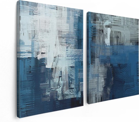 Artaza Canvas Schilderij Tweeluik Abstracte Kunst - Blauw Witte Penseelstreken - 120x80 - Foto Op Canvas - Canvas Print