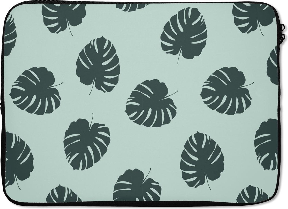 Laptophoes 13 inch - Zomer - Bladeren - Blauw - Laptop sleeve - Binnenmaat 32x22,5 cm - Zwarte achterkant