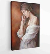 Canvas schilderij - The brown-haired woman in a classic dress is a little tired. The background is created in various shades of brown, red and orange. -  Productnummer 1785824489 -