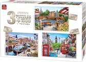 King 3 x 1000 Stukjes Puzzel (68 x 49 cm) - City Collection Illustrated - 3in1 Legpuzzel Steden + Posters