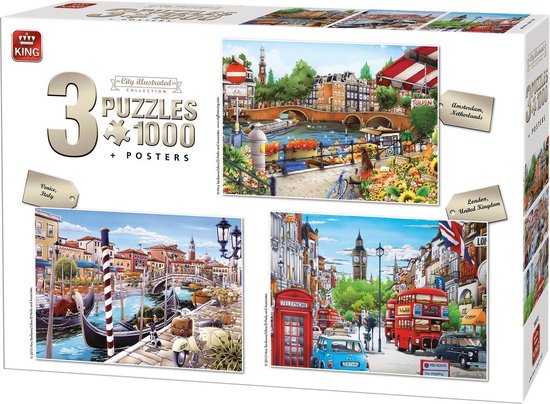 King 3 x Puzzel (68 49 cm) - City Collection Illustrated 3in1... | bol.com