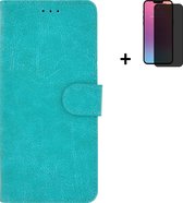 iPhone 13 Hoesje + iPhone 13 Screenprotector - iPhone 13 Hoes Wallet Bookcase Turquoise + Privacy Tempered Glass