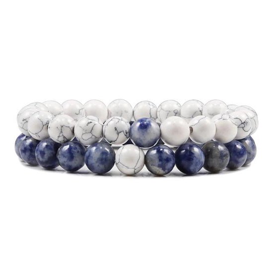 Bracelet - Bracelets Perles Couple Blauw/ Wit - Elastique - Homme Homme - Femme Femme - 2 Bracelets - Cadeau Pour Hem Cheveux - Anniversaire