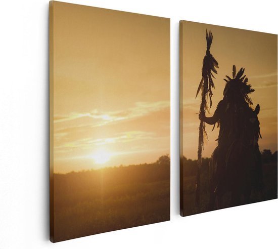 Artaza Toile Peinture Diptyque Indien avec une Lance au Coucher du Soleil - 80x60 - Photo sur Toile - Impression sur Toile