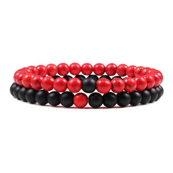 Bracelet - Bracelets Perles Couple Rouge/ Zwart - Elastique - Homme Homme - Femme Femme - 2 Bracelets - Cadeau Pour Hem Cheveux - Anniversaire