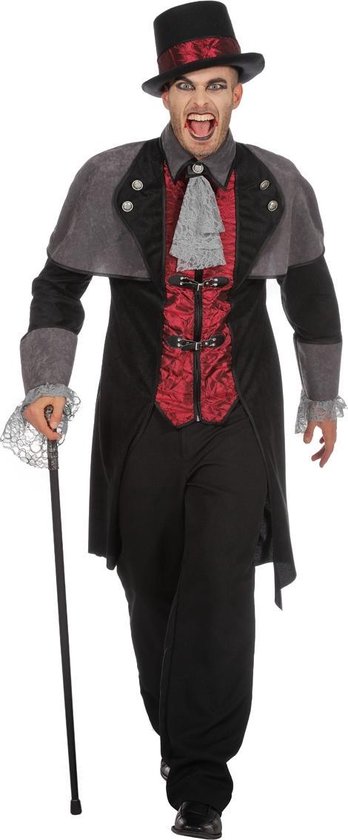 Wilbers & Wilbers - Vampier & Dracula Kostuum - Jas Graaf Hoektand Vampier Man - Zwart - Maat 50 - Halloween - Verkleedkleding