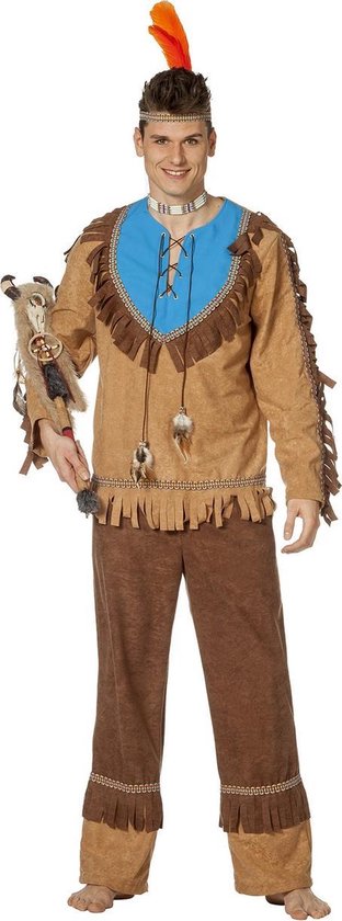 Wilbers & Wilbers - Indiaan Kostuum - Indiaan Yellowknives Stam - Man - bruin,wit / beige - Maat 54 - Carnavalskleding - Verkleedkleding