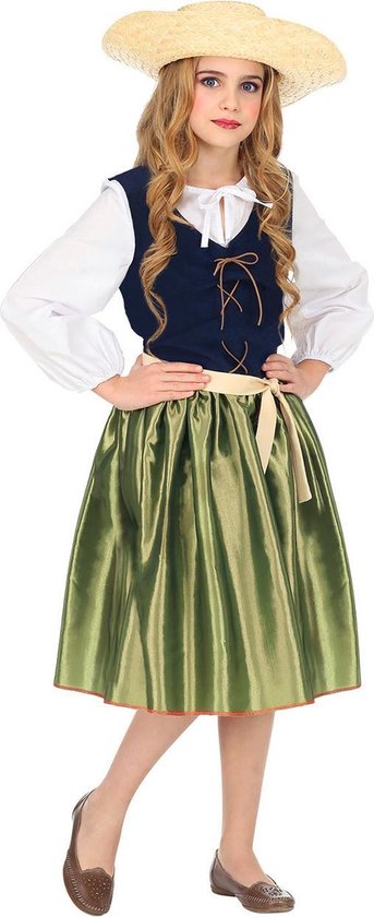 Widmann - Middeleeuwen & Renaissance Kostuum - Keurig Renaissance - Meisje - Blauw, Groen - Maat 140 - Carnavalskleding - Verkleedkleding