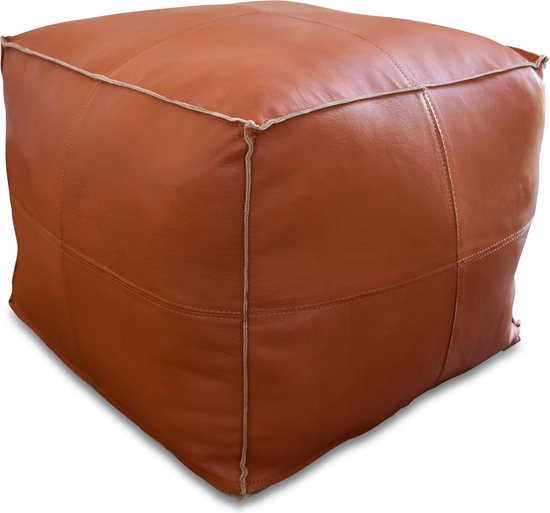 Poufs&Pillows Premium XL lederen poef, handgemaakt, gevuld geleverd, Ottomaanse zitzak, voetenbank, poef, cognac