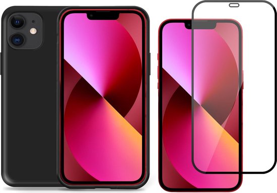 Coque iPhone 11 noire avec bordure rouge, avec un protecteur d'écran à côté.