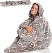 Bellive® One size hoodie deken | Plaid met mouwen | Hoodie Blanket | valentijn cadeau | Winter | Oversized hoodie | Grijs glow in the dark