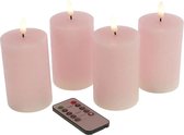 Set van 4 LED stompkaarsen 3D Vlam - roze - hxb 10 x 6,5 cm - met afstandsbediening en timer dimbaar
