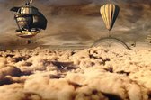Celtic Tree - Canvas schilderij - Steampunk Luchtschip en Ballon in de Wolken - 60x90cm  - Ecru - Bruin - Premium Canvas - Fantasie - Industrieël - Magisch - Steampunk - Wanddeco -