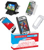 8-in-1 Accessoires Set geschikt voor Nintendo Switch OLED – Beschermhoes & Screen Protector – Crystal Clear Case  – Ergonmische handvat – PlayStand & Zonnescherm – Cadeautip