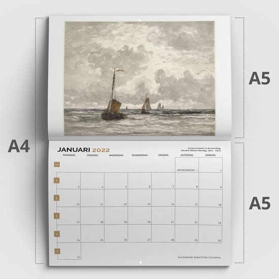Kunstkalender Strand & Zee - Maandkalender 2022 - dubbel A5-formaat - kalender met weeknummers - wandkalender met 12 schilderijen