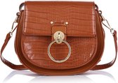 Schoudertas / Crossbodytas - Croco print - Gouden Ring - Half rond met Buckle ring - Camel Bruin