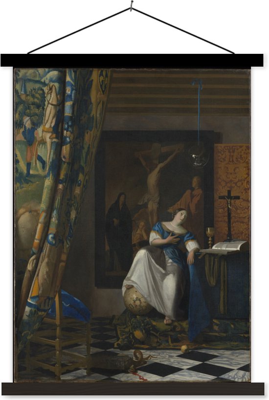 Posterhanger incl. Poster 60x80 cm - Schoolplaat - Alrie op het geloof - Johannes Vermeer - Textielposter - Zwarte latten