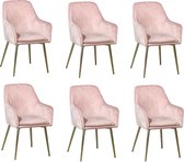 Eetkamerstoelen set van 6 Velvet Roze - gouden poten - Eetkamerstoel velours roze met armleuning