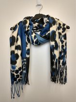Lange warme dames sjaal Gina panterprint blauw zwart wit