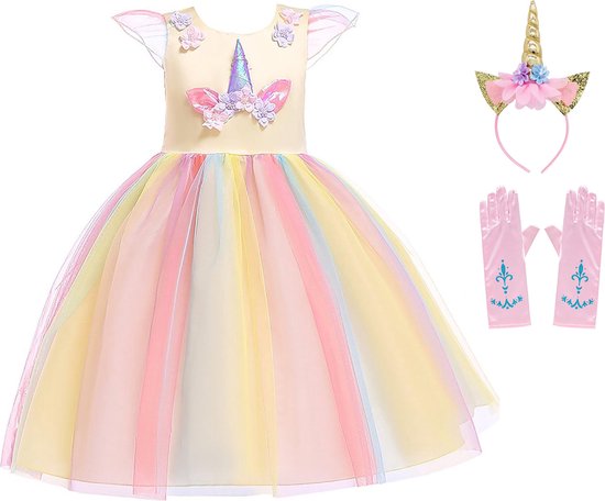Robe de Unicorn | Robe de licorne | Robe de princesse fille | taille 122/128 (140) |Habiller Vêtements Fille |Déguisements de princesses | Déguisements Enfants | Bandeau à cheveux |Gants|Jaune