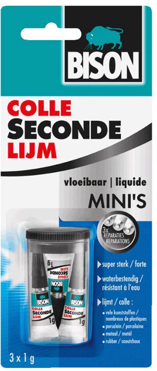 Bison Secondelijm Vloeibaar Mini's 3 x 1g, sterke secondelijm, speciale min verpakking, vaatwasser bestendig, water resistent, voor iedere reparatie in en om het huis — afbeelding 1