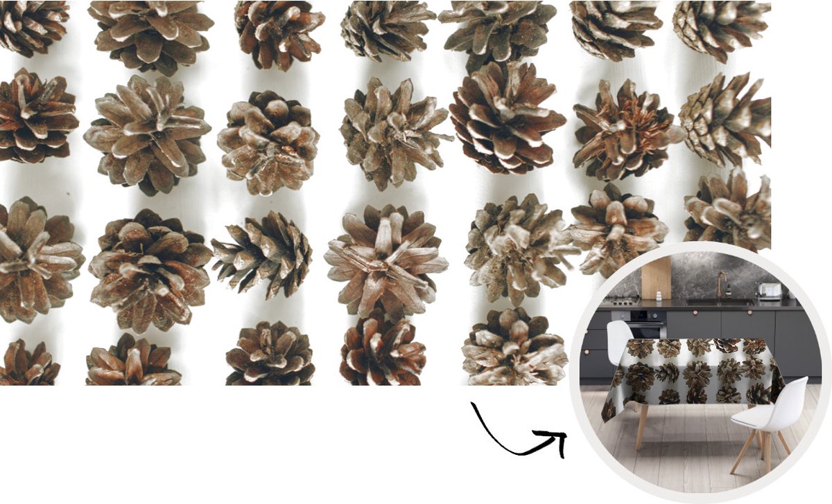 Tafelkleed - Tafellaken - 300x150 cm - Dennenappels - Winter - Wit - Binnen en Buiten