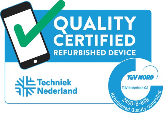 Certificeringslogo: 'QUALITY CERTIFIED REFURBISHED DEVICE' met Techniek Nederland en TÜV NORD.
