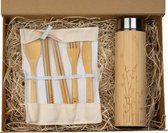 Geschenkset voor onderweg - Banbu bestekset + Pandoo bamboe thermosfles met theezeef - 480 ML