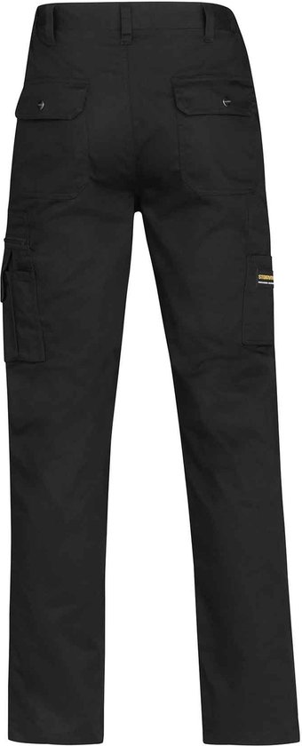 Arrière du pantalon de travail noir STØRVIK avec deux poches arrière à rabat et pression, poche cargo et logo STØRVIK.