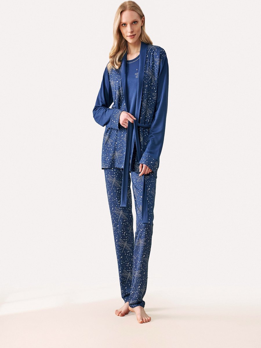 Feyza - 3 Delige Pyjama Set Voor Dames, Lange Mouwen, Donkerblauw - XL