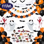 Halloween Decoratie voor Binnen & Buiten - Feest Pakket – Halloween Versiering – Horror Helloween - Feestpakket met Photobooth Set – Ballonnen & Nepbloed & Spinnen & Spoken & Spinnenweb & Vle