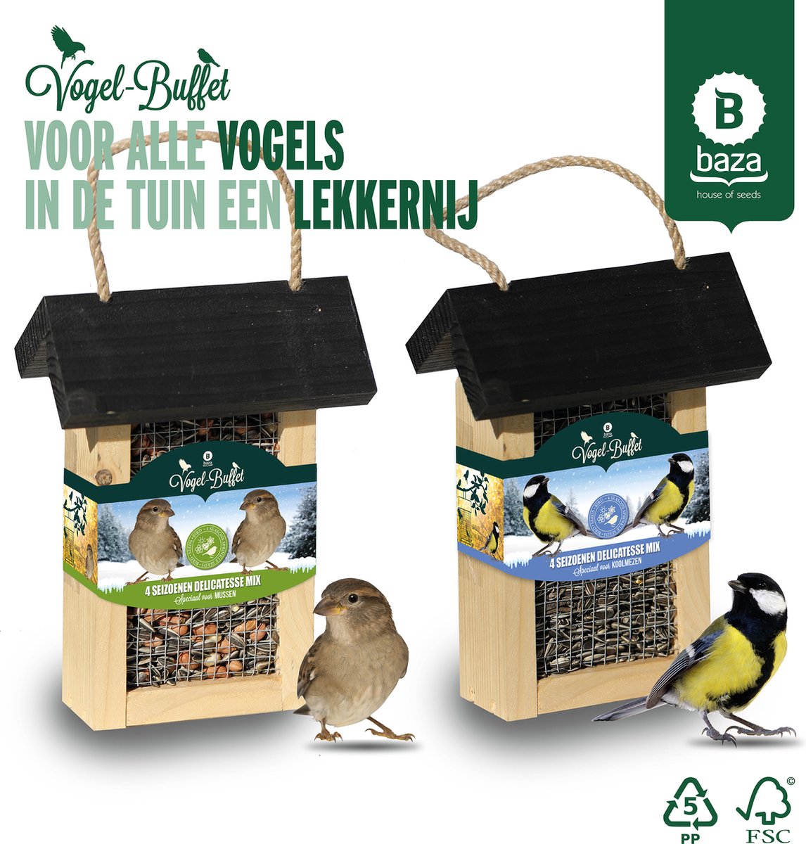 Complete set van 2 stuks Vogel-Buffet Picnick Vogelvoederhuisje voor Koolmezen en Mussen inclusief Vogelvoer - Baza Seeds
