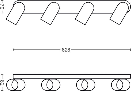 Technische tekening van een wit 4-lichts opbouwspot met afmetingen.