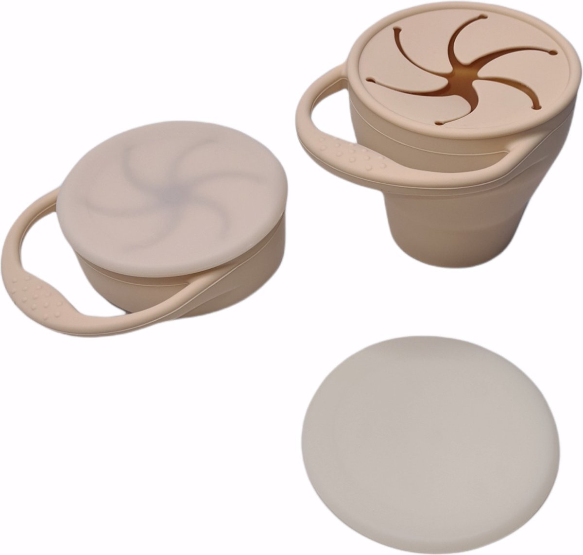 Goedkoopste Snack cup - Snack Beker - Inklapbaar - Siliconen - Duurzaam - Baby - Peuter - Dreumes - Servies - Babyeetset - Onderweg - Beige