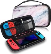 Best4u Tas voor Nintendo Switch/Switch OLED-model - draagtas opbergtas hoes case met 10 speelkaarthouders en bevestigingsriem voor Nintendo Switch console en accessoires, marmer roze