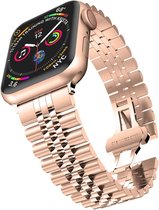 Strap-it Jubilee stalen schakel band - Geschikt voor Apple Watch bandje - Series 1/2/3/4/5/6/7/8/9/SE/Ultra (2) - Rose Gold - Staal/metalen luxe band met vlindersluiting - RVS iWatch bandje voor maat: 42 mm 44 mm 45 mm 49 mm