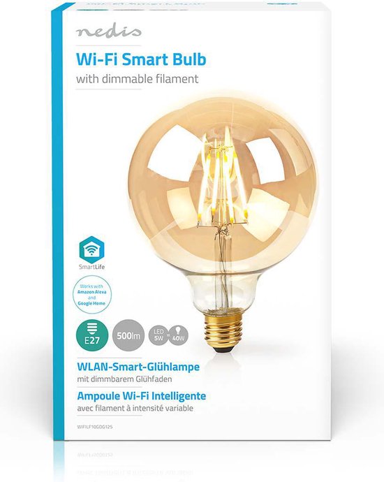 Nedis Wi-Fi Smart Bulb met dimbare filament, E27 fitting, 5W, 500lm, warm wit, amberkleurig glas.