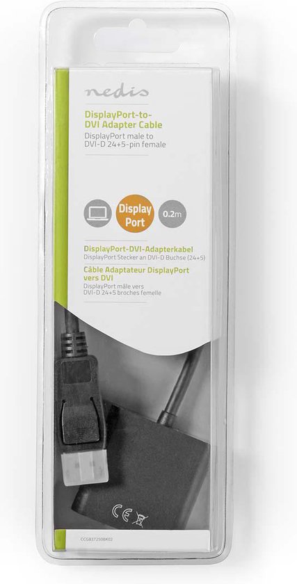 Nedis DisplayPort-Adapter - DisplayPort Male - DVI-D 24+1-Pins Female - 1080p - Vernikkeld - Recht - 0.20 m - Rond - PVC - ABS - Zwart - Doos - Nedis